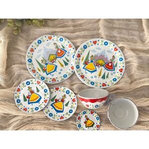 1950s Ohio Art Litho Tin tea Set‎ Swiss Alpine Maids metal plate cup set vintage